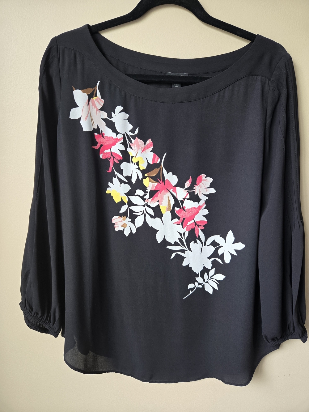 Ann Taylor Black Blouse with White, Pink and Yellow Floral Print